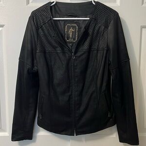 My Tribe‎ Black Leather Jacket Perforated Size L Women’s